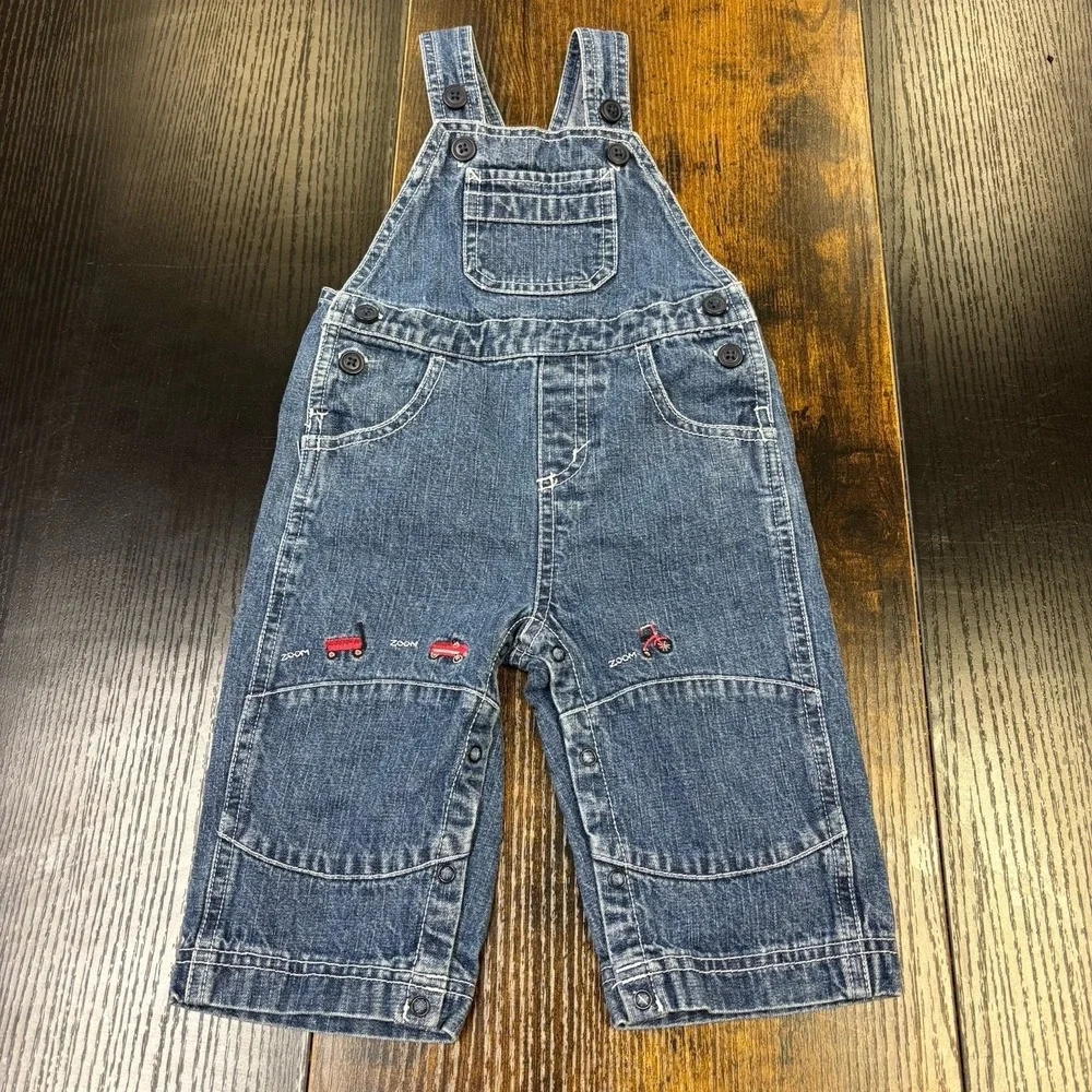 Vintage Y2K Gymboree Overalls Red Wagon‎ Denim Jeans 6-12 Months Snap Legs